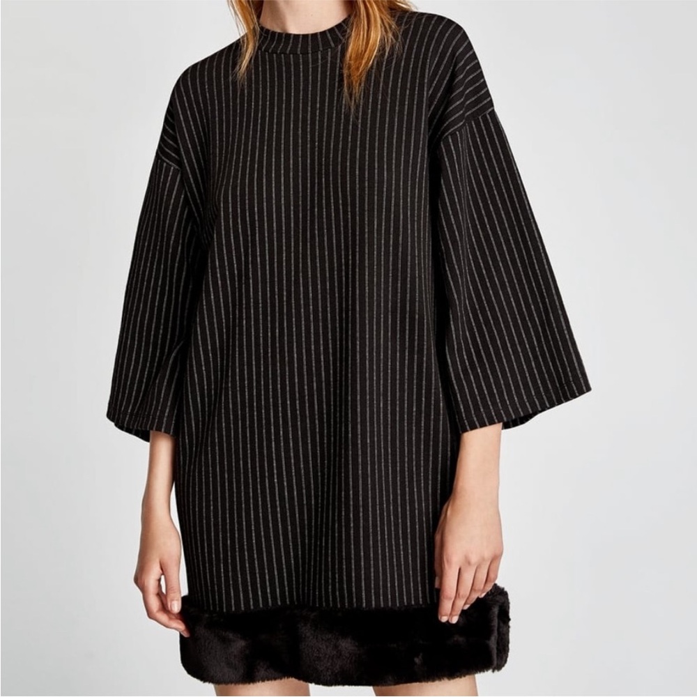 Zara Black Striped Dress with Faux Fur Hem - Size Small (Oversized)